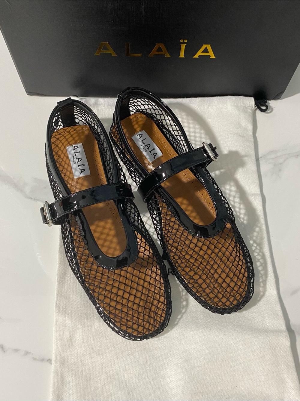 Alaia Black Mesh Mary Jane Flats with Patent Strap